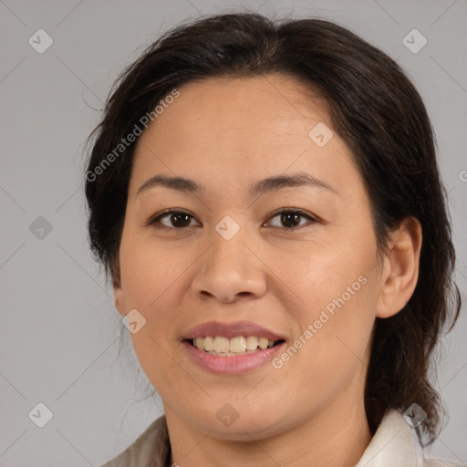 Joyful white adult female with medium  brown hair and brown eyes