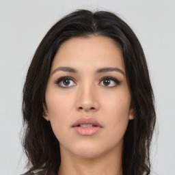 Neutral asian young-adult female with long  brown hair and brown eyes