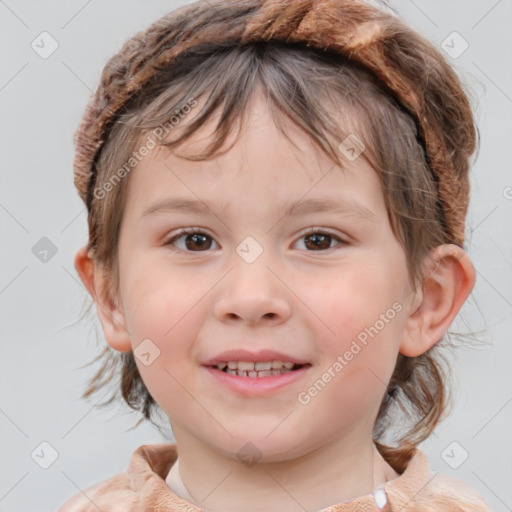 Joyful white child female with medium  brown hair and brown eyes