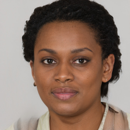 Neutral black young-adult female with short  black hair and brown eyes
