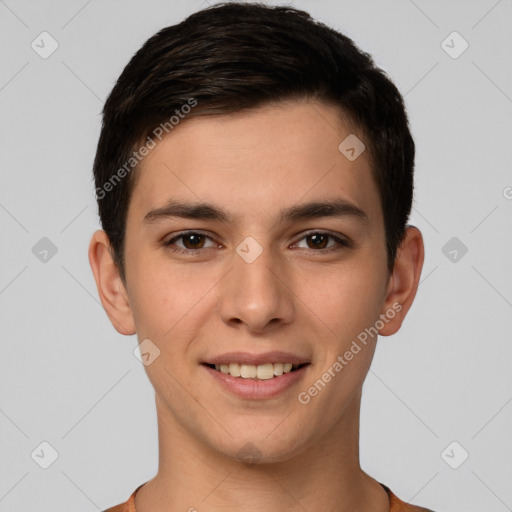 Joyful white young-adult male with short  brown hair and brown eyes