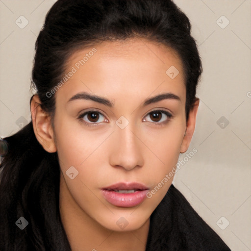 Neutral white young-adult female with long  brown hair and brown eyes