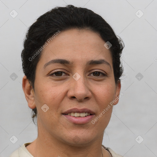 Joyful white adult female with short  brown hair and brown eyes