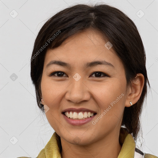 Joyful white young-adult female with medium  brown hair and brown eyes