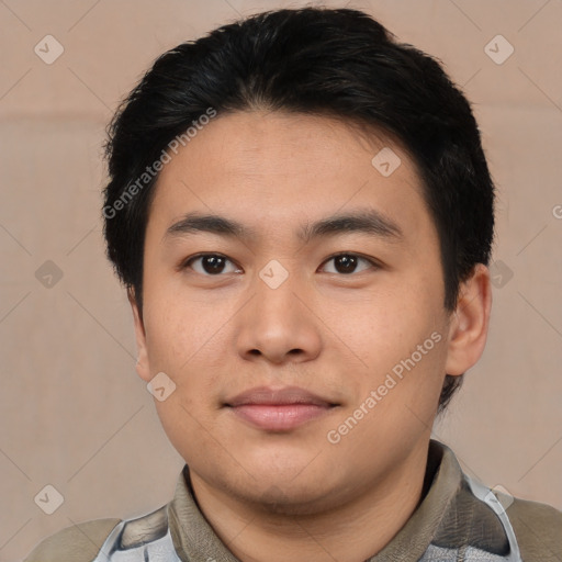 Neutral asian young-adult male with short  black hair and brown eyes