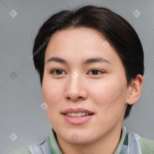 Joyful asian young-adult female with medium  brown hair and brown eyes