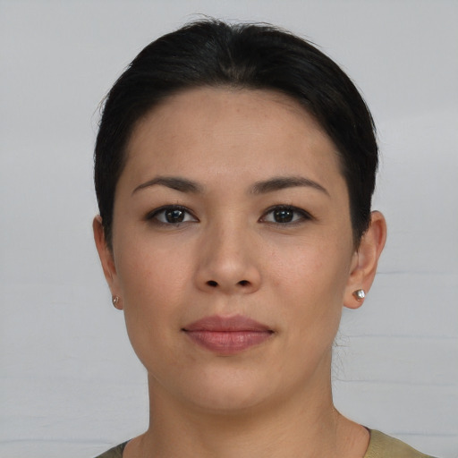 Neutral asian young-adult female with short  brown hair and brown eyes