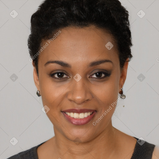 Joyful latino young-adult female with short  brown hair and brown eyes