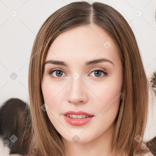 Neutral white young-adult female with long  brown hair and brown eyes