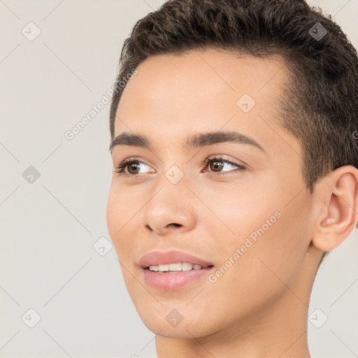 Joyful white young-adult female with short  brown hair and brown eyes