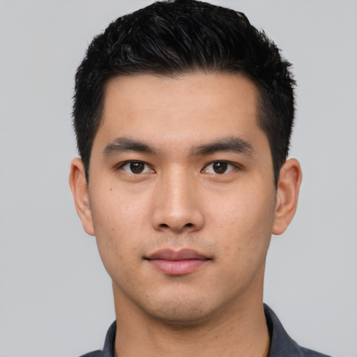 Neutral asian young-adult male with short  black hair and brown eyes