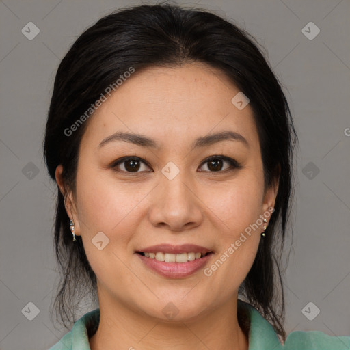 Joyful white young-adult female with medium  brown hair and brown eyes