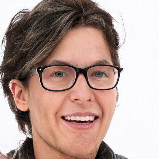 Joyful white adult male with medium  brown hair and blue eyes