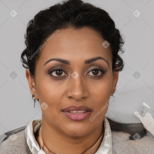 Joyful latino young-adult female with short  brown hair and brown eyes