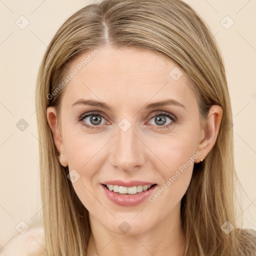 Joyful white young-adult female with long  brown hair and blue eyes