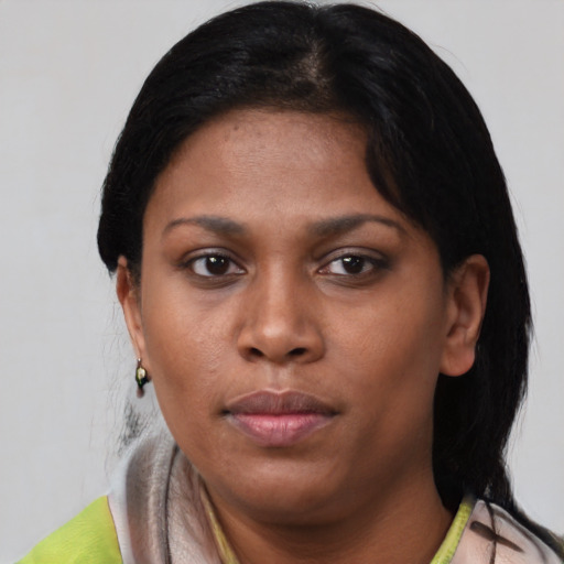 Neutral black young-adult female with medium  black hair and brown eyes