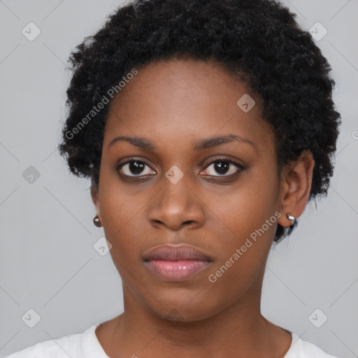 Neutral black young-adult female with short  black hair and brown eyes