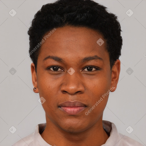 Neutral black young-adult female with short  black hair and brown eyes