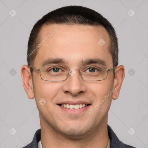 Joyful white adult male with short  brown hair and brown eyes