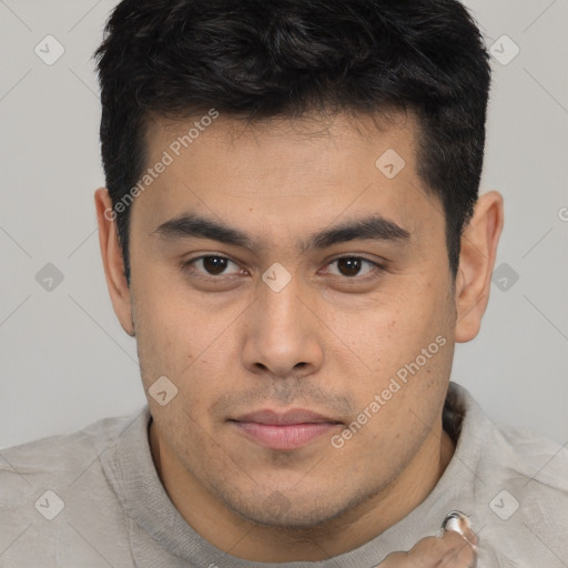 Neutral latino young-adult male with short  brown hair and brown eyes