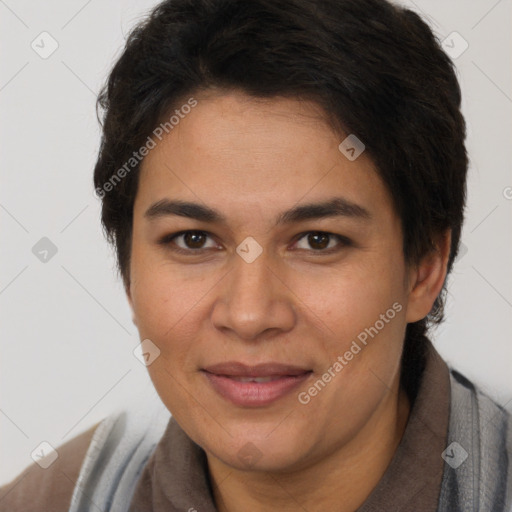 Joyful white adult female with short  brown hair and brown eyes