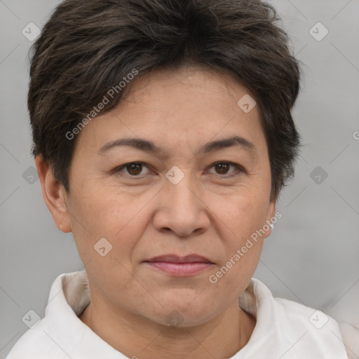 Joyful white adult female with short  brown hair and brown eyes