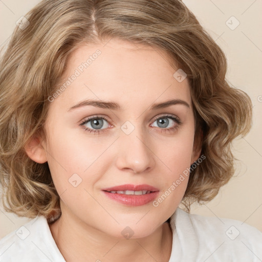 Joyful white young-adult female with medium  brown hair and blue eyes