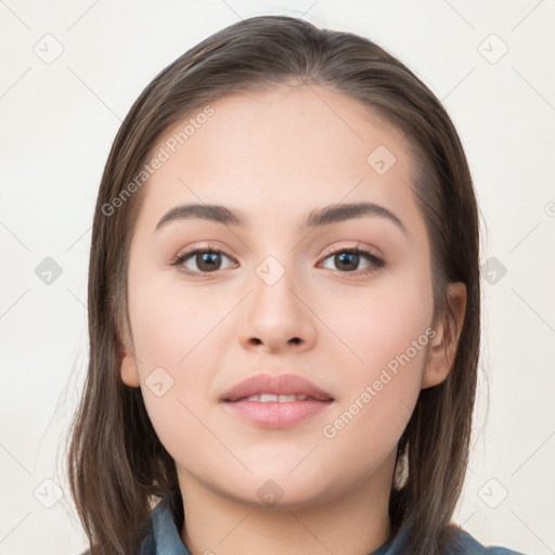 Neutral white young-adult female with long  brown hair and brown eyes