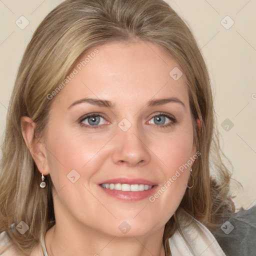 Joyful white young-adult female with medium  brown hair and blue eyes