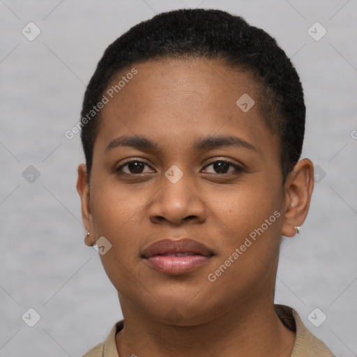 Joyful black young-adult female with short  brown hair and brown eyes
