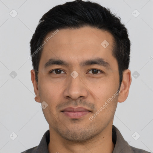 Neutral asian young-adult male with short  black hair and brown eyes