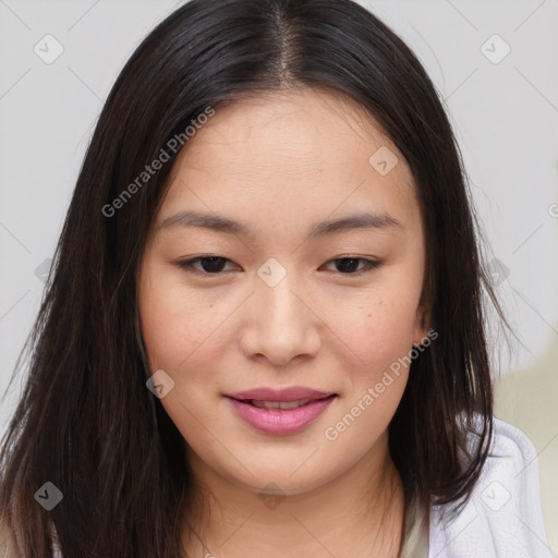 Joyful asian young-adult female with long  brown hair and brown eyes