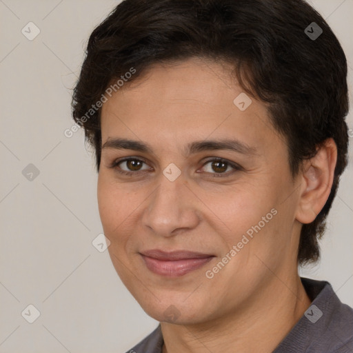 Joyful white adult female with medium  brown hair and brown eyes