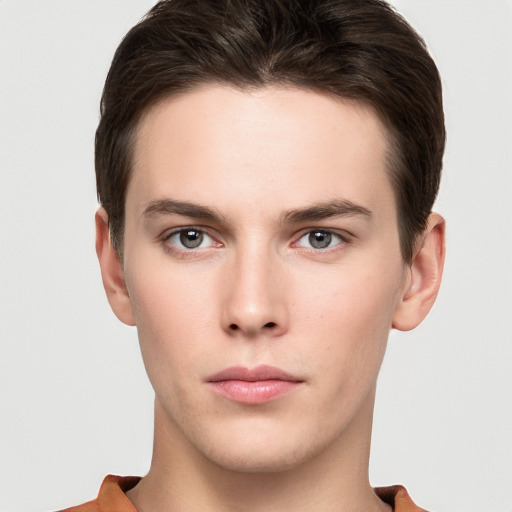 Neutral white young-adult male with short  brown hair and brown eyes