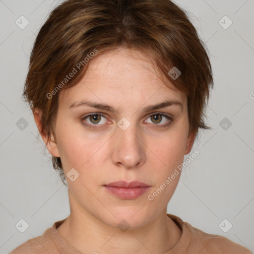 Neutral white young-adult female with medium  brown hair and brown eyes