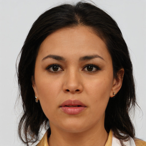 Neutral asian young-adult female with medium  brown hair and brown eyes