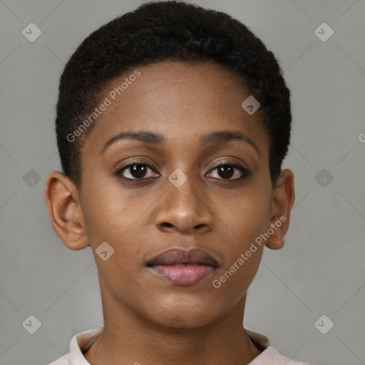 Neutral black young-adult female with short  brown hair and brown eyes