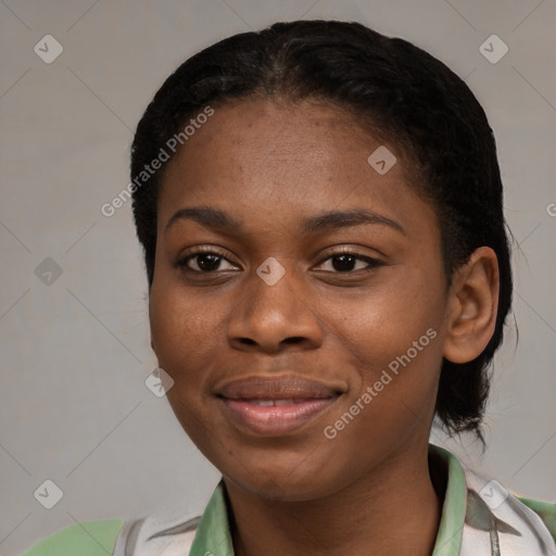 Joyful black young-adult female with medium  black hair and brown eyes