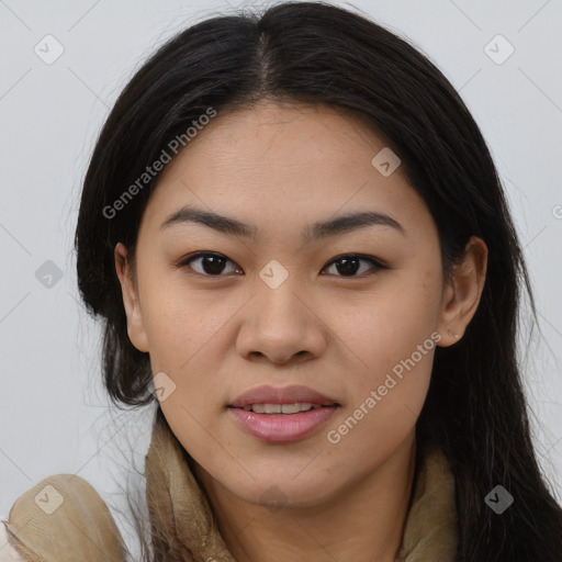 Joyful asian young-adult female with long  brown hair and brown eyes