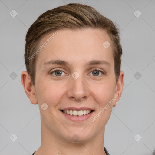 Joyful white young-adult female with short  brown hair and grey eyes