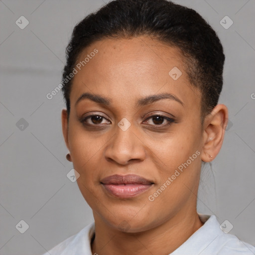 Joyful latino young-adult female with short  brown hair and brown eyes