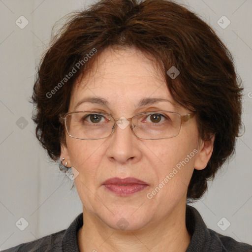 Joyful white middle-aged female with medium  brown hair and brown eyes