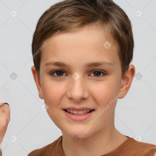 Joyful white child female with short  brown hair and brown eyes