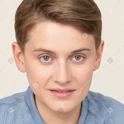 Joyful white young-adult male with short  brown hair and blue eyes