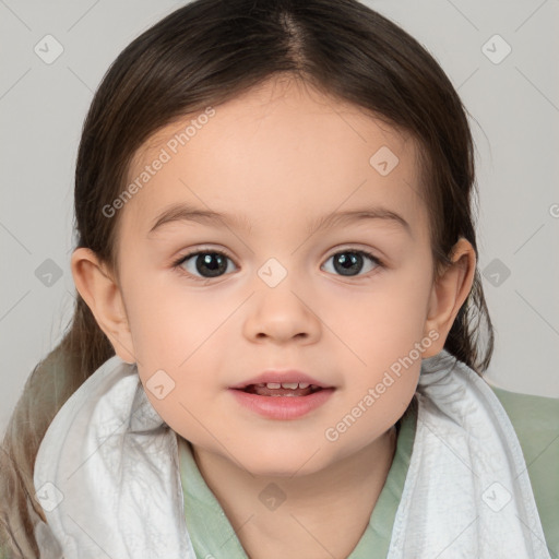 Joyful white child female with medium  brown hair and brown eyes