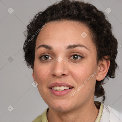 Joyful white young-adult female with medium  brown hair and green eyes