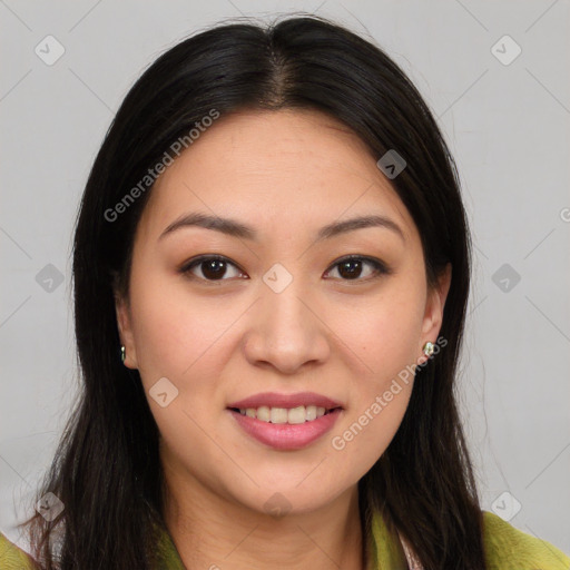 Joyful white young-adult female with long  brown hair and brown eyes