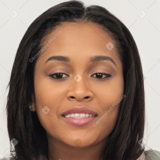 Joyful latino young-adult female with long  brown hair and brown eyes