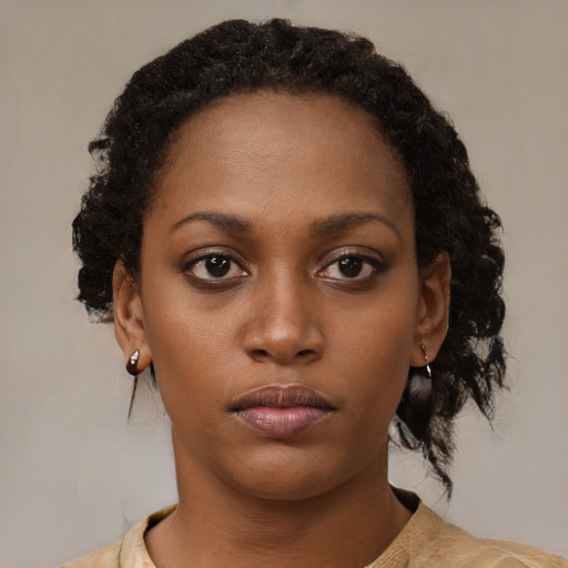 Neutral black young-adult female with medium  brown hair and brown eyes