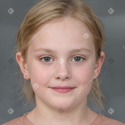 Joyful white child female with medium  brown hair and brown eyes